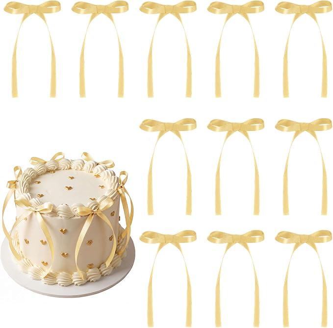 30 Pack Bow Cake Toppers Champagne Gold Ribbon Bows by NatNarr