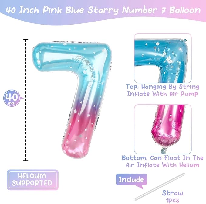 Pink Blue Number 7 Balloon 40 Inch, Foil Numeral - Image 4