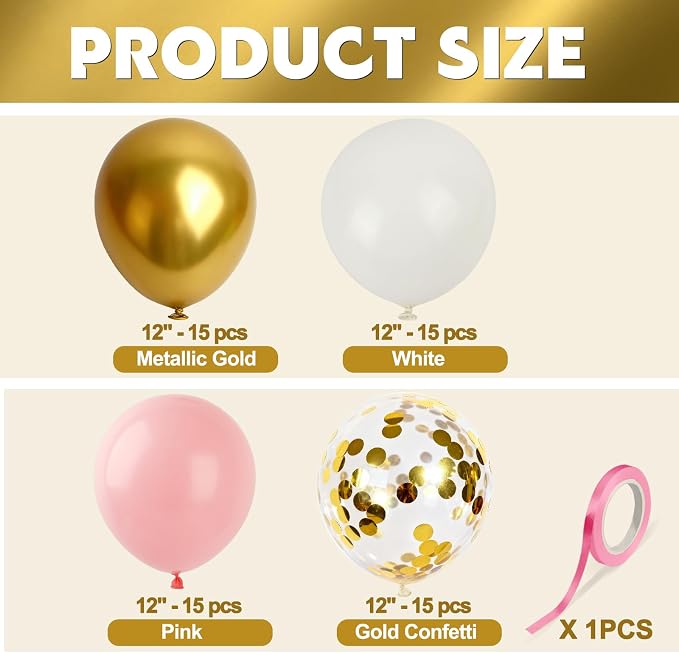 Pink Gold White Balloons 60Pcs 12 Inch Confetti Latex Balloon - Image 2