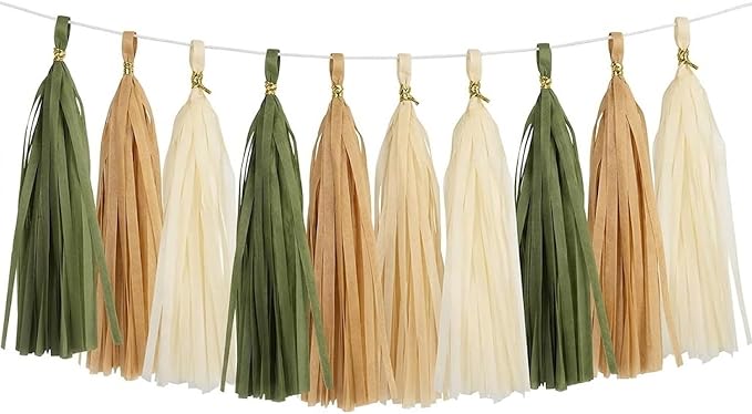 15-Pack Olive Green Brown Tan Cream Tassel Garland Paper Banner Fringe by ALLHEARTDESIRES