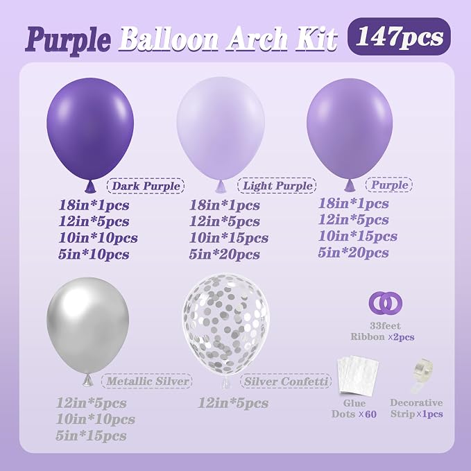 147pcs Purple Balloon Garland Arch Kit, Different Sizes - Image 2