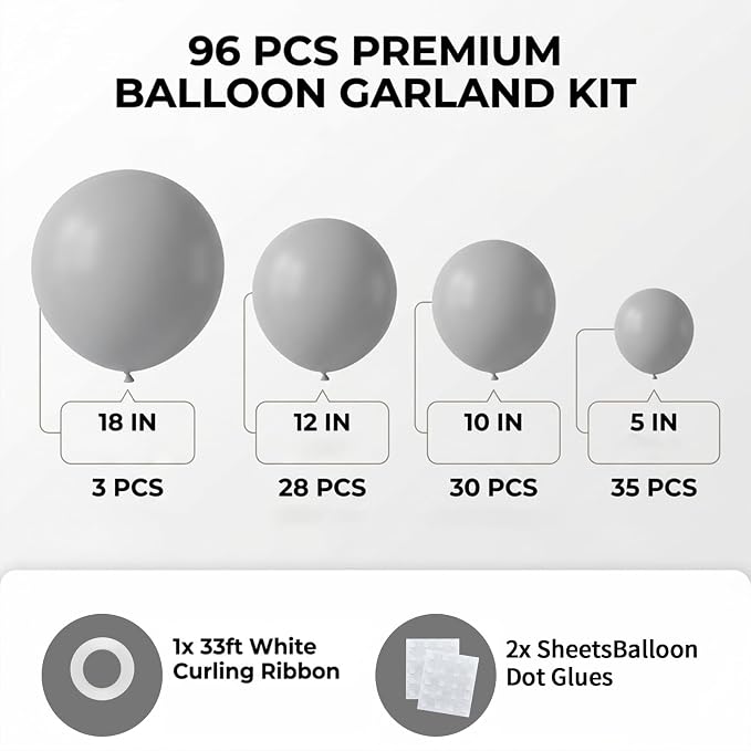 96Pcs 5/10/12/18 Inch Matte Gray Latex Balloon Garland Arch Kit | Gray Balloons - Image 2