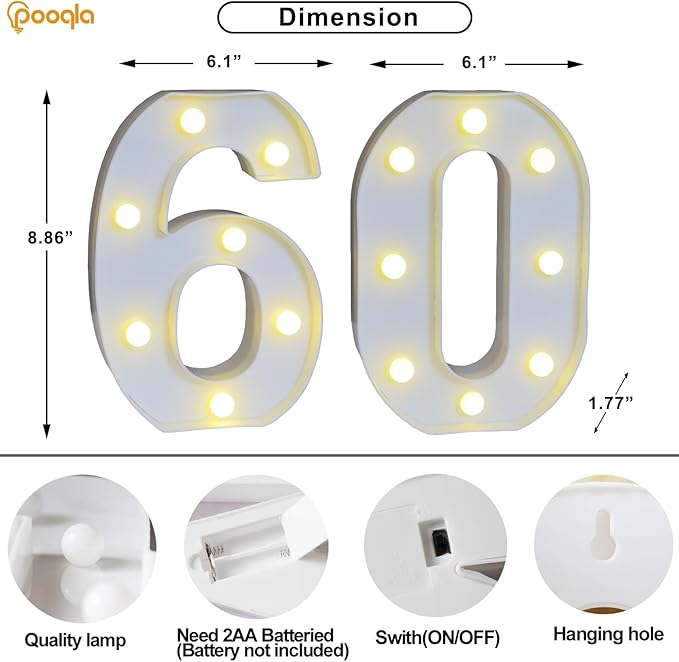 Pooqla 60th Birthday Decorations for Men Women, 35 Colors LED Light Up Numbers with Remote, Multicolor Marquee Numbers 60 Sign for Party Wedding Anniversary Decor 60th Birthday Gift, Number 60