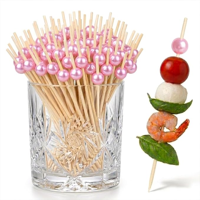 100 Pcs 4.7" Pink Pearl Cocktail Picks, Bamboo Toothpicks Appetizer Skewers | by Barfroee