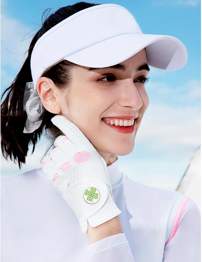 Women Golf Gloves Premium Leather with Magnetic Ball Marker Left Right Hand 1 Pack, Extra Grip for Ladies Comfortable Durable Size Small Medium Large
