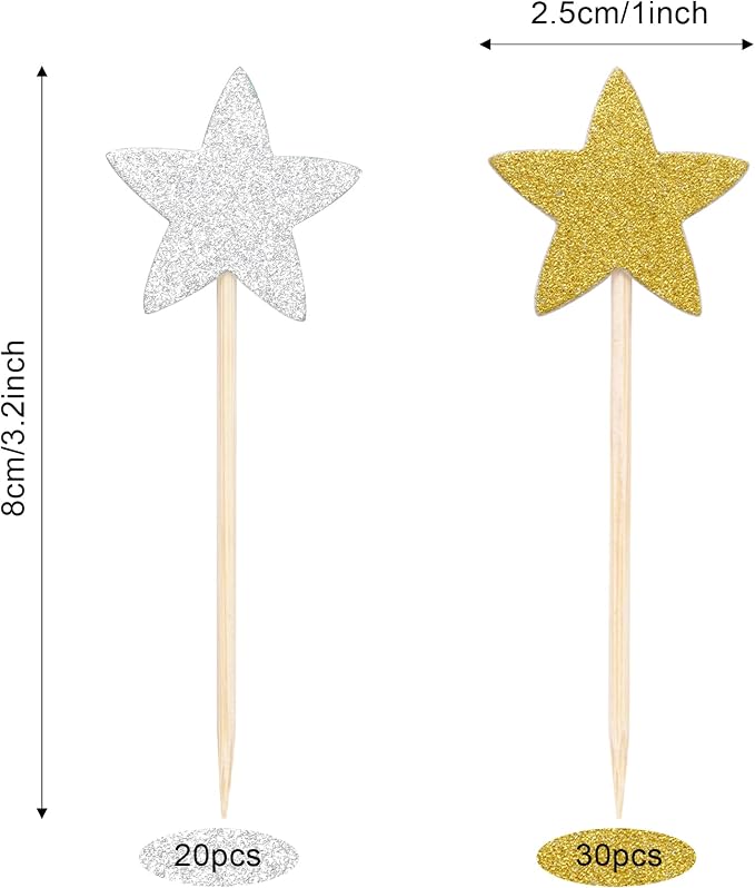 Pistha 50 Pcs Star Cupcake Toppers Glitter Twinkle Star Cupcake Picks - Image 2