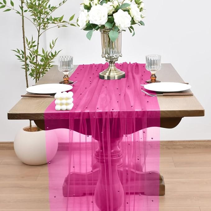 Joanlody Fall Fuschia Pearl Table Runner 10ft Rustic Boho Tulle Table Runner with Pearls for Baby Shower Wedding Party Veil Dessert Thanksgiving Table Decor Hot Pink
