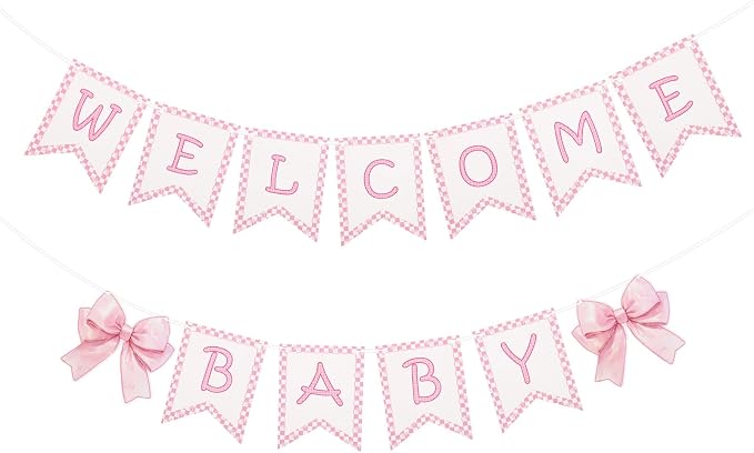 2pcs Welcome Baby Banner, Pre-Strung Pink Bow Welcome Baby Sign Hanging Banner by BOXOB