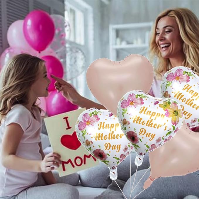 Pink Mother's Day Balloons Flowers Heart Balloons - Image 4