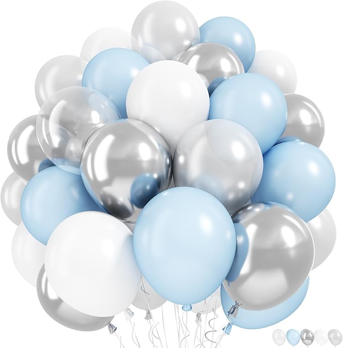 Blue and White Balloons, 12 Inch Baby Light Pastel Blue Pearl White Silver by Paeyeq