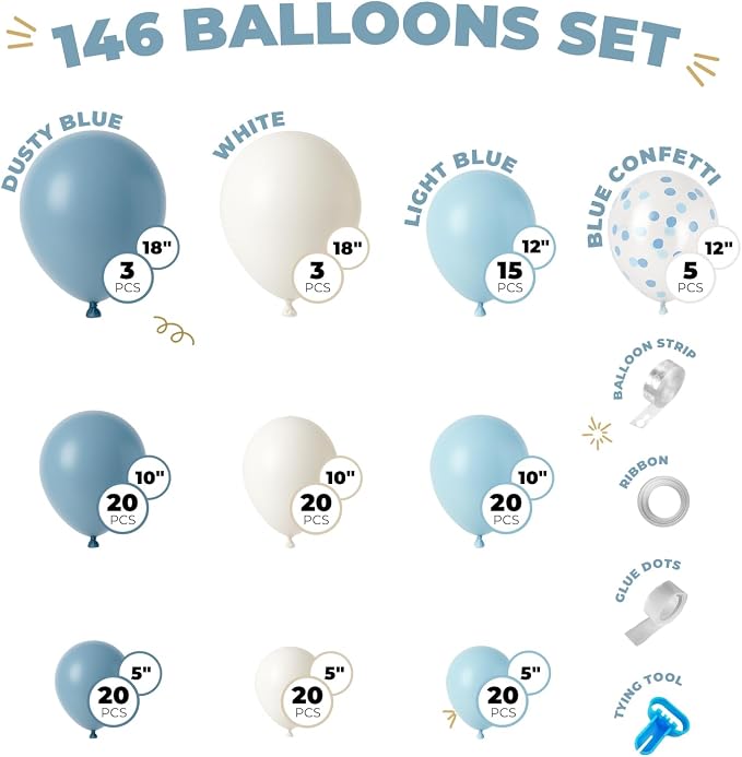 Vellax 146-Pc Balloon Garland Arch Kit, Dusty & Light Blue, light blue & white - Image 2
