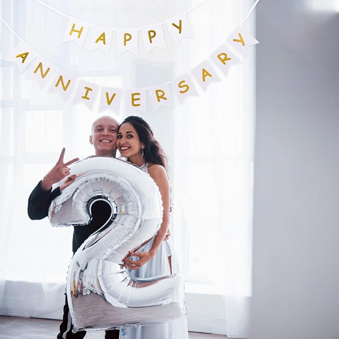 White Happy Anniversary Banner, Party Supplies - Image 6
