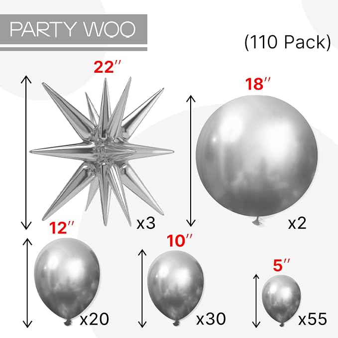 PartyWoo Metallic Silver Star Balloons 110pcs Different Sizes 18 12 10 5 Inch - Image 4