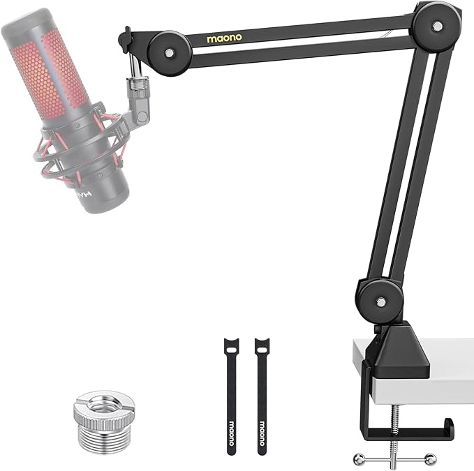 MAONO Microphone Boom Arm: Heavy Duty Adjustable Metal Suspension mic stand with Upgraded Desk Clamp and 3/8" to 5/8" Screw Adapter for Podcasting Recording Streaming Gaming - BA37