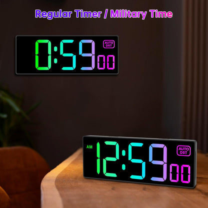 Soobest Large LED Digital Wall Clock 8 RGB Color Changing Display, Corded Plug in Electric Digital Clock with Seconds for Living Room Bedroom Desk Table Office, 5 Dimmers, Auto DST, 10 Inches