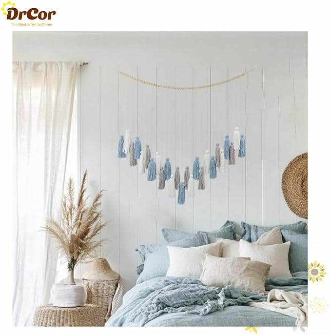 DrCor Dusty Blue Boho Macrame Garland Wall Hanging Decor | Handmade yarn banner - Image 3