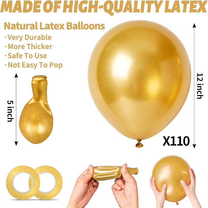 110pcs Gold Balloons, Metallic Gold Latex Balloons 12 inch, Globos Dorados - Image 3