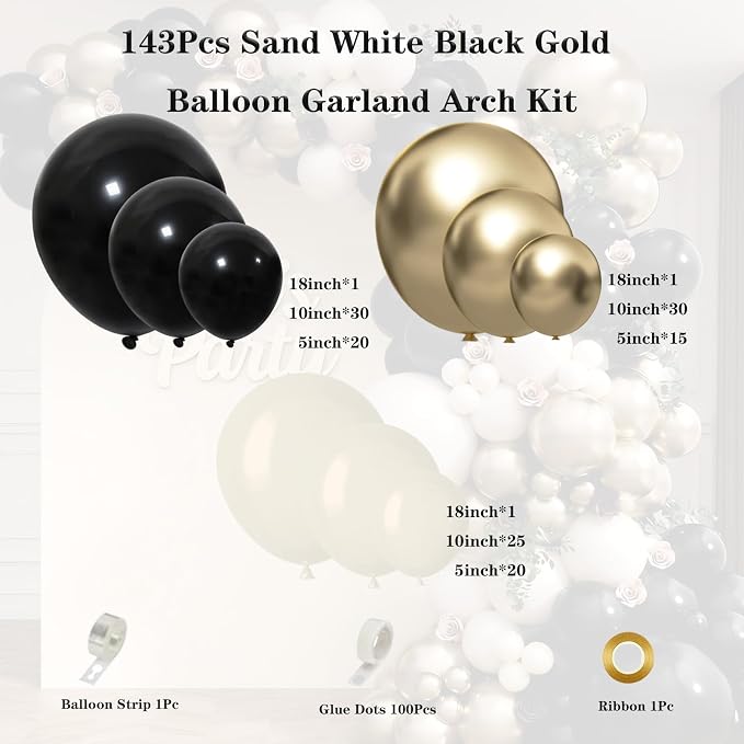 Black Gold Sand White Balloon Garland Arch Kit 143Pcs Sand White Black Chrome - Image 2