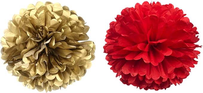14" Red and Gold Tissue Pom Poms Kit DIY Decorative Paper Flowers Ball - Image 4