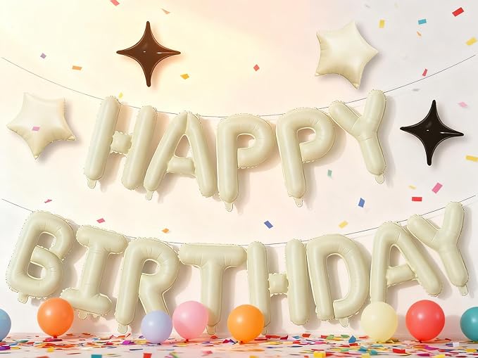 Cream Happy Birthday Balloons Banner Sign Mylar letter Party Decoration | - Image 4