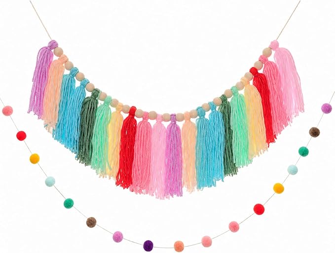 2pcs Boho Tassel Garland Back to School Colorful Pom Pom Tassel | soft pom pom by Unknown
