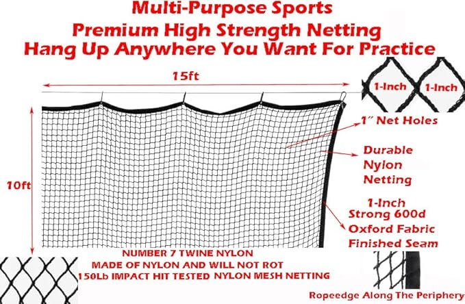 10ft, 15ft, 20ft Strong Durable Frequent Use Multi-Sports Barrier Net with Around Finished Seam Hitting Practice Nylon Netting High Impact in/Outdoor for Golf Baseball Hockey Soccer