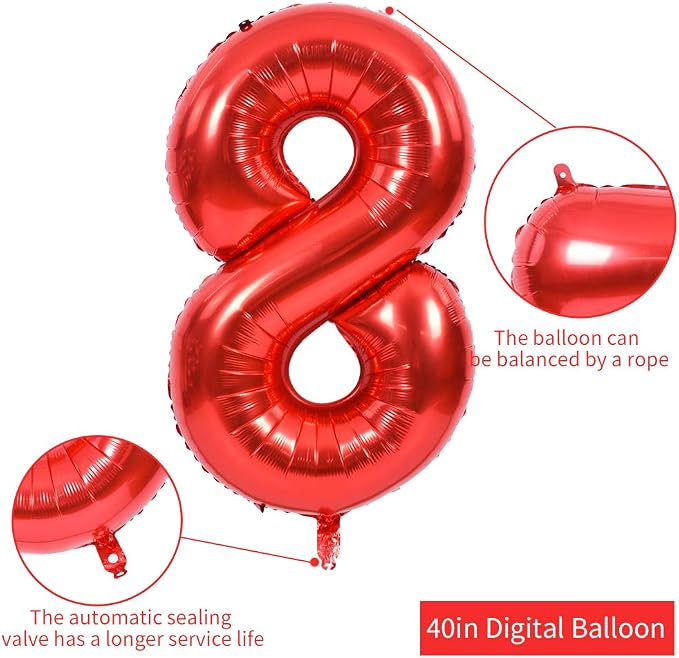 TONIFUL 40 Inch Red Number 8 Balloons Large Foil 8th Birthday Decorations | Red - Image 2