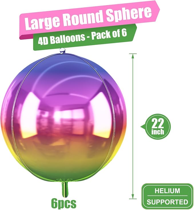 6Pcs Gradient Rainbow Round Foil Balloons, Metallic Multicolor Iridescent Mylar - Image 2