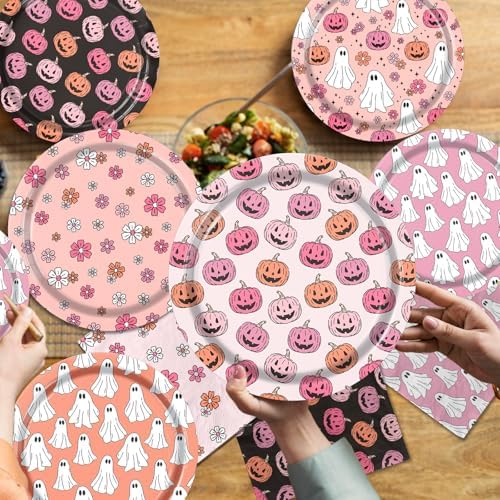 Pink Halloween Party Plates Set 60pcs Halloween Paper Plates and Napkins Cute Pumpkin Ghost Flower Tableware for Halloween Birthday Party Decoration Baby Shower Party Supplies - Image 5