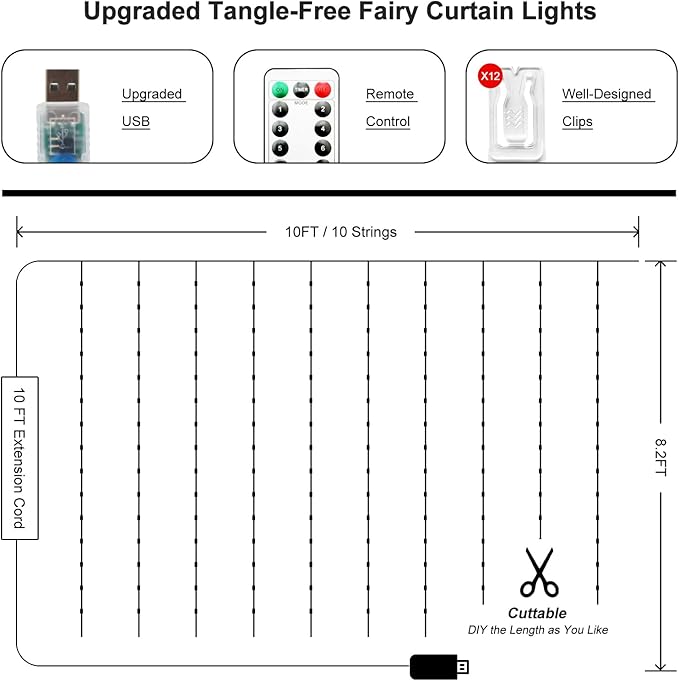 Fairy Curtain Lights Upgraded Tangle-Free Warm White USB Plug in 8 Modes String Hanging Lights with Remote for Christmas, Bedroom, Indoor, Outdoor, Weddings, Party (10FTx8.2FT)