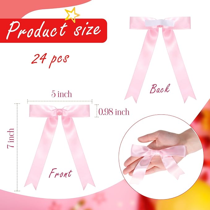 Riceshoot Pink 24 Pcs Satin Ribbon Bows 5x7'' Self Adhesive Stick on Premade - Image 2