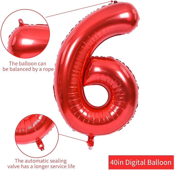 TONIFUL 40 Inch Red Number 6 Balloons Large Foil 6th Birthday Decorations | Red - Image 2