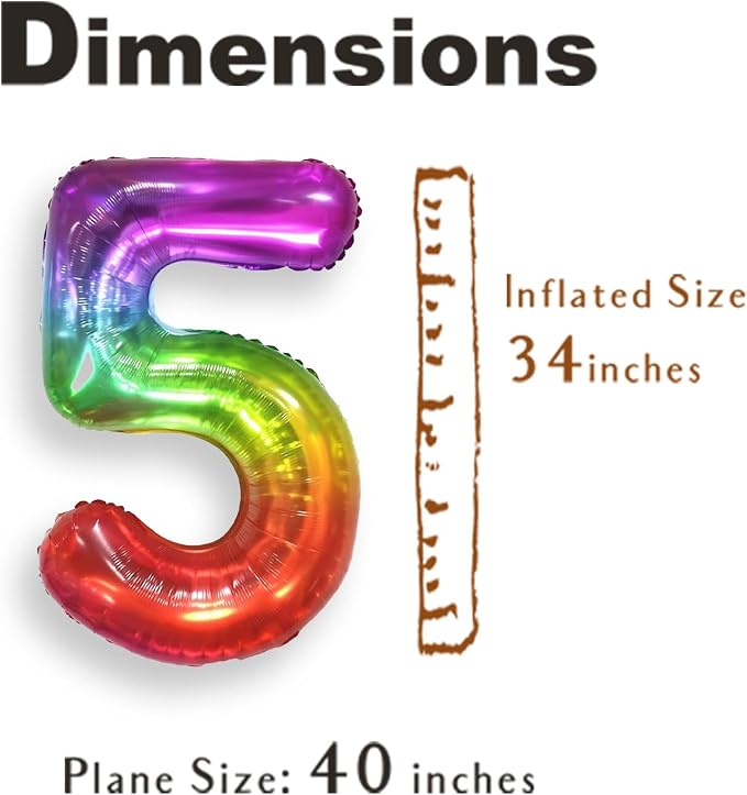 SUWEN Rainbow Number 5 Balloon 40 Inch, Big Colorful Balloons 0-9 | Large - Image 4