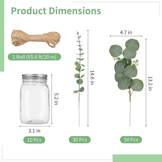 10 Set Mason Jar Centerpieces for Tables Centerpiece with Eucalyptus Breath, Clear Glass Mason Jar Vases with Rope, Wedding Table Centerpieces Bridal Shower Engagement Reception Rustic Farmhouse Decor