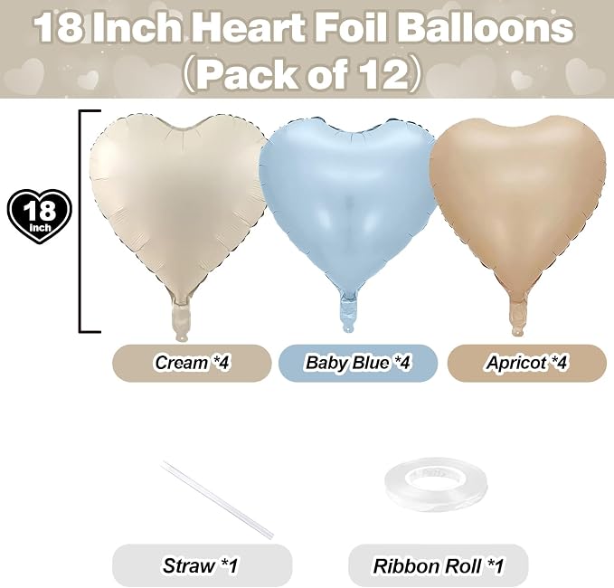 Blue Cream Heart Foil Balloons, 18Inch Macaron Apricot and White Helium Balloons - Image 2
