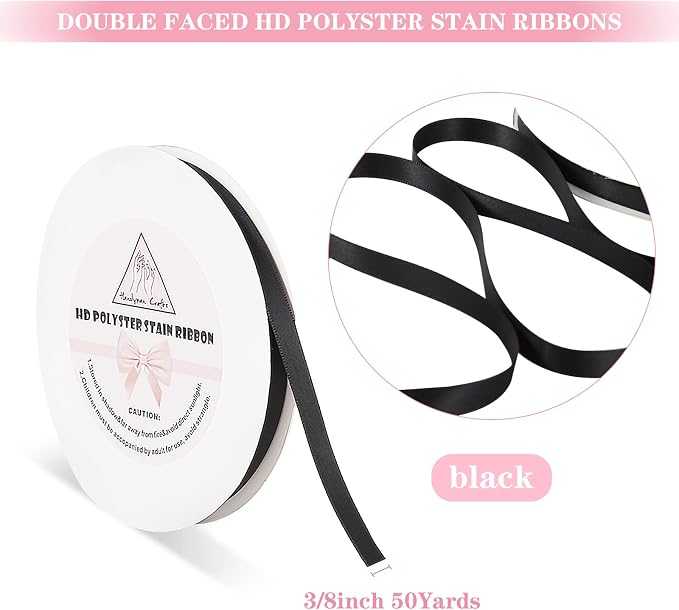 Black Stain Ribbon for Gift Warping, 3/8inch 50 Yards Solid Polyester Fabric - Image 2