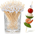 100Pcs 4.7" White Pearl Cocktail Picks, Bamboo Toothpicks Appetizer Skewers | by Barfroee