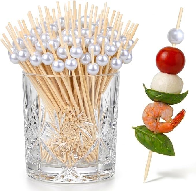 100Pcs 4.7" White Pearl Cocktail Picks, Bamboo Toothpicks Appetizer Skewers | by Barfroee