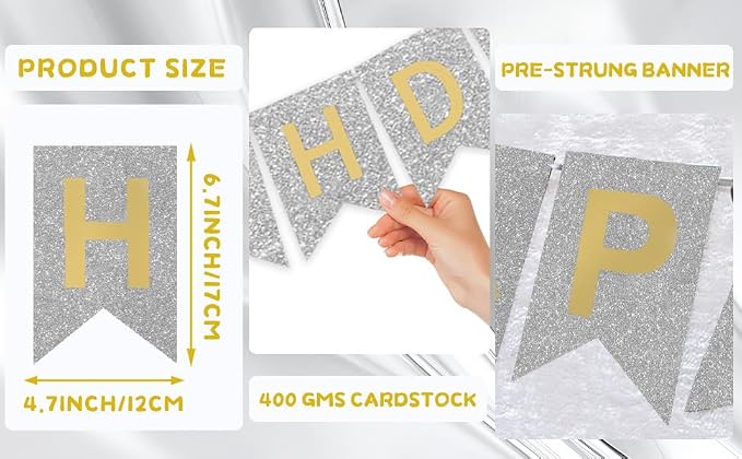 Silver Happy Birthday Banner - 16 ft Pre-Strung Gold & Silver Birthday Party - Image 4