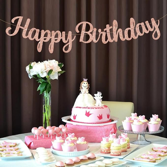 BEISHIDA Glitter Rose Gold Happy Birthday Banner Party Decoration NO DIY | - Image 6