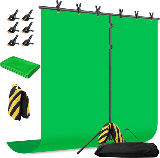 Green Screen Backdrop with Stand, 8x7.2ft Portable Greenscreen Background with Stand, T-Shape Green Screen Stand kit with 6 Spring Clamps, Sandbag, Carry Bag for Zoom, Video