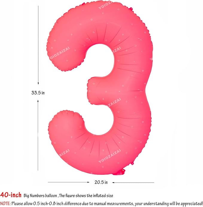 40 IN Fluorescent Red Number 3 Balloon Neon Red digital 3 Foil Balloon | - Image 2