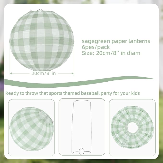 6 Pieces Sage Green Gingham Paper Lanterns Decorations - Image 3