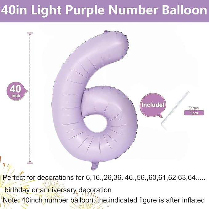 40 Inch Purple Number Balloons Light Purple 6 Balloon Matte Purple Birthday - Image 2