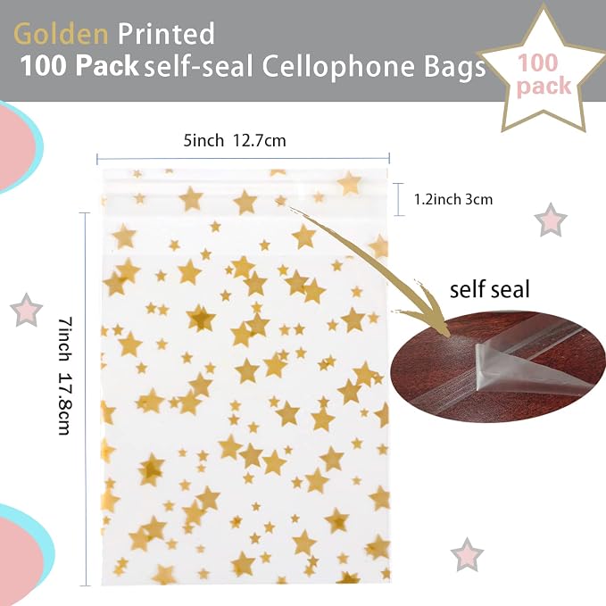 COQOFA 100 Pcs Star Printed Sealable Gift Wrap Cello Cellophane Bags Self - Image 2