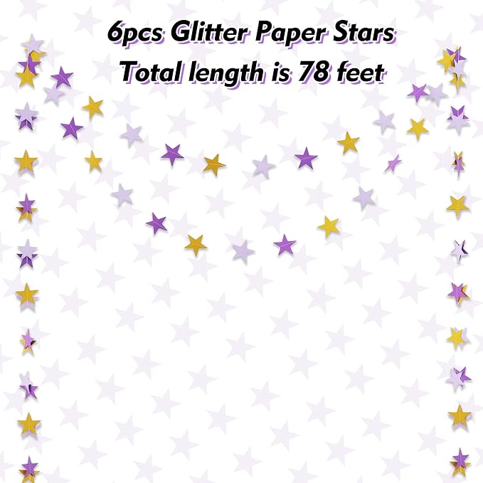 BEISHIDA 6Pcs Purple Gold Paper Star Garland Decor Twinkle Star Banner Backdrop - Image 2