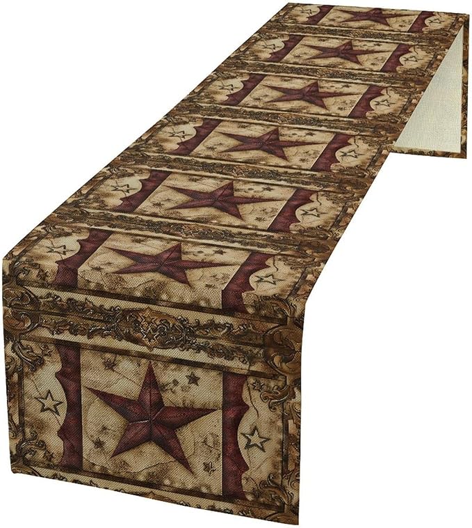 Wild West Table Runner, Rustic Farmhouse Texas Star Vintage Rodeo Cowboy Old Sign Wild West Print Pattern for Home Kitchen Table Decor Dining Coffee Room Garden Party Decor 13x108in