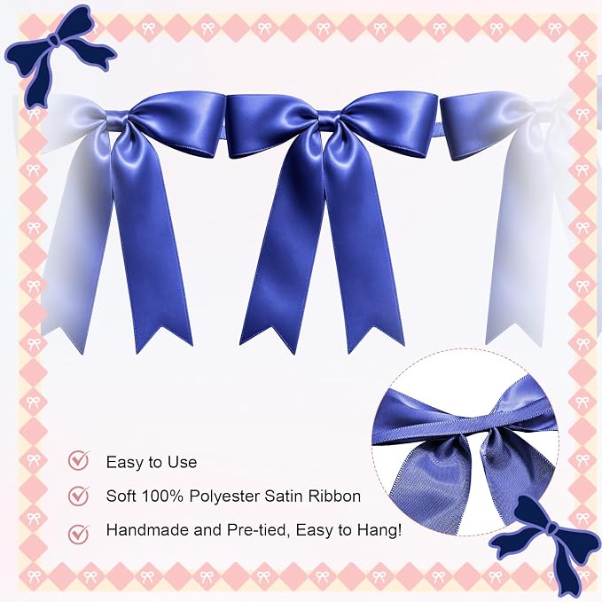 1 String of 8PCS Navy Blue Bow Garland Banner Decoration, Pre-Strung Satin - Image 3