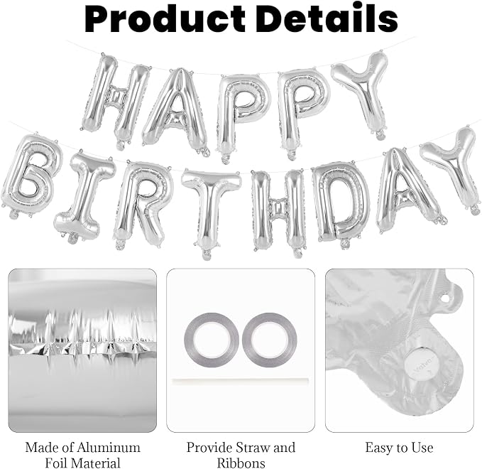 65 Pcs Silver Happy Birthday Balloons, 2 Sets A-Z Silver Letters Foil Balloons - Image 5