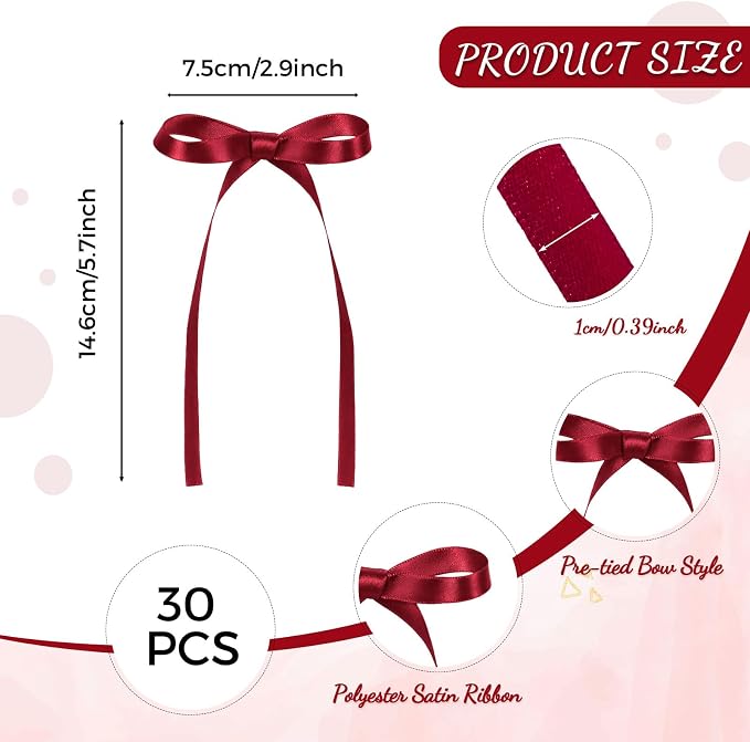 30 Pack Bow Cake Toppers Wine Red Ribbon Bows - Image 2